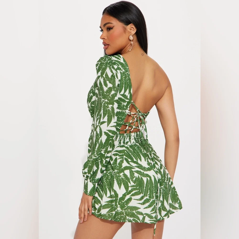 Green Fern Print Cutout Romper - Picture 2 of 3